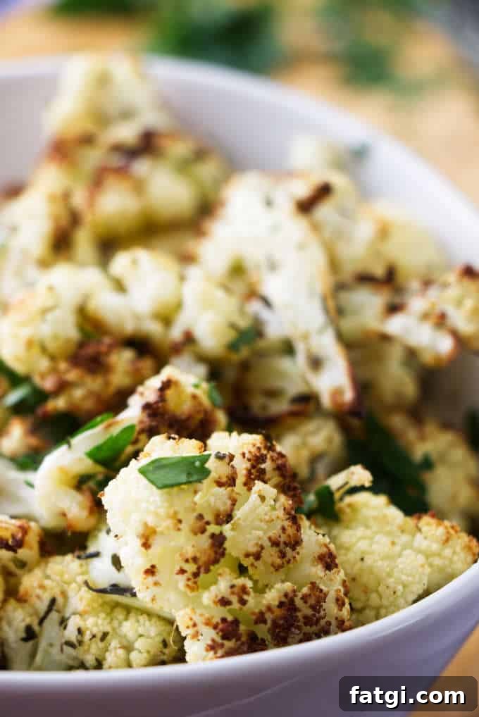 A serving bowl of air fryer cauliflower.