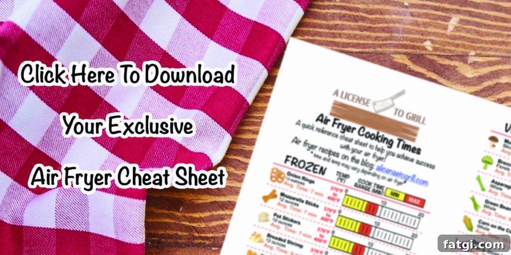 air fryer cheat sheet preview sitting on wood desk with text "click here to download your exclusive air fryer cheat sheet"