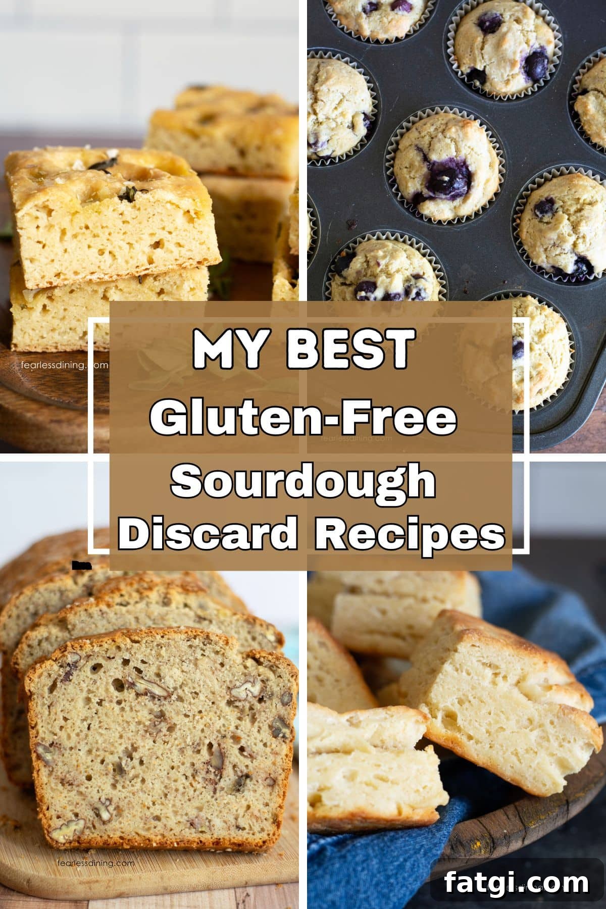 A collage of four gluten-free sourdough discard baked goods.