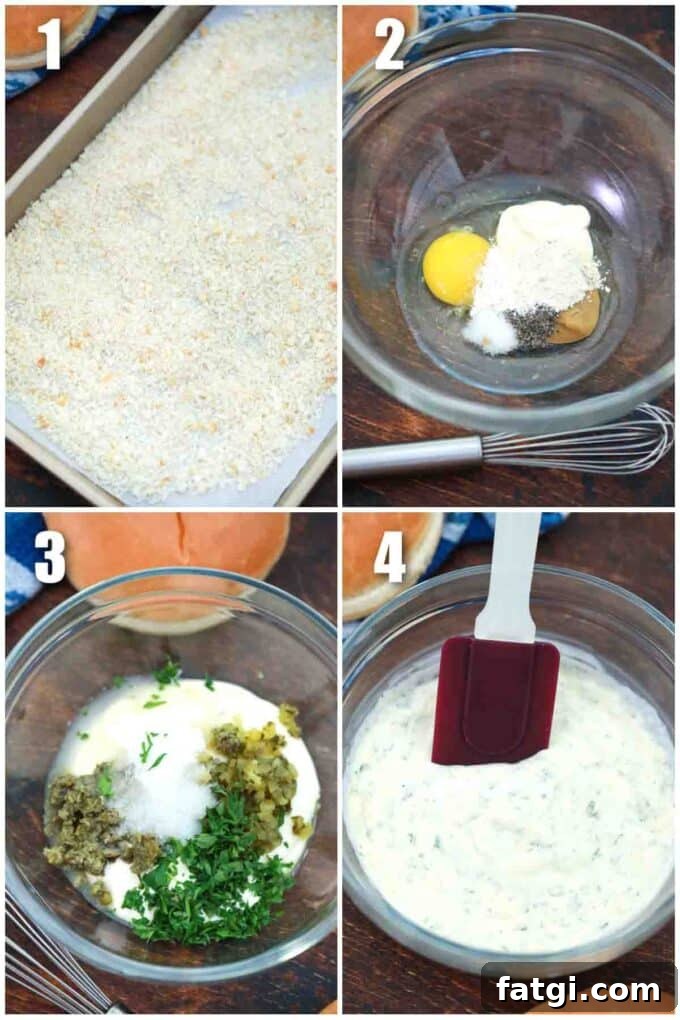 Copycat McDonald's Filet-O-Fish Sandwich Recipe 4 photo collage of how to make sauce and breading for McDonald's fish sandwich