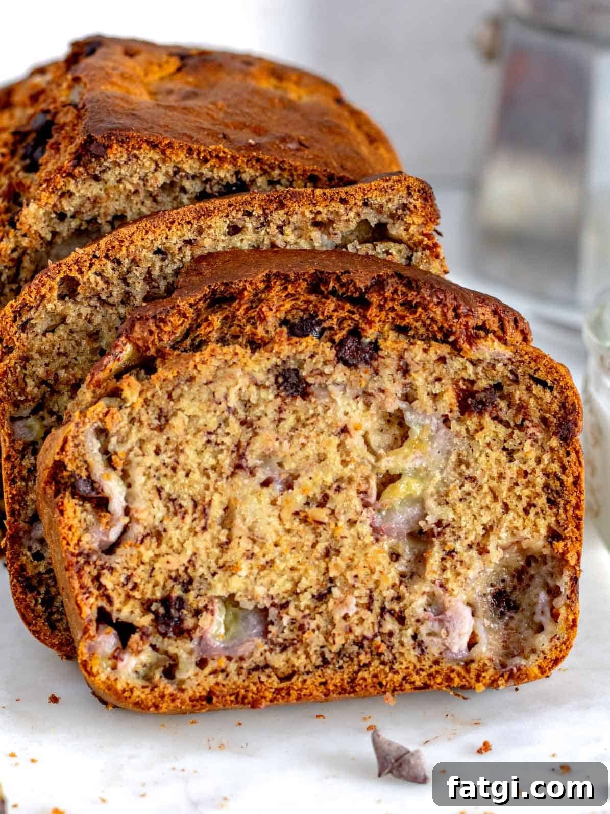 Healthy banana bread with three slices