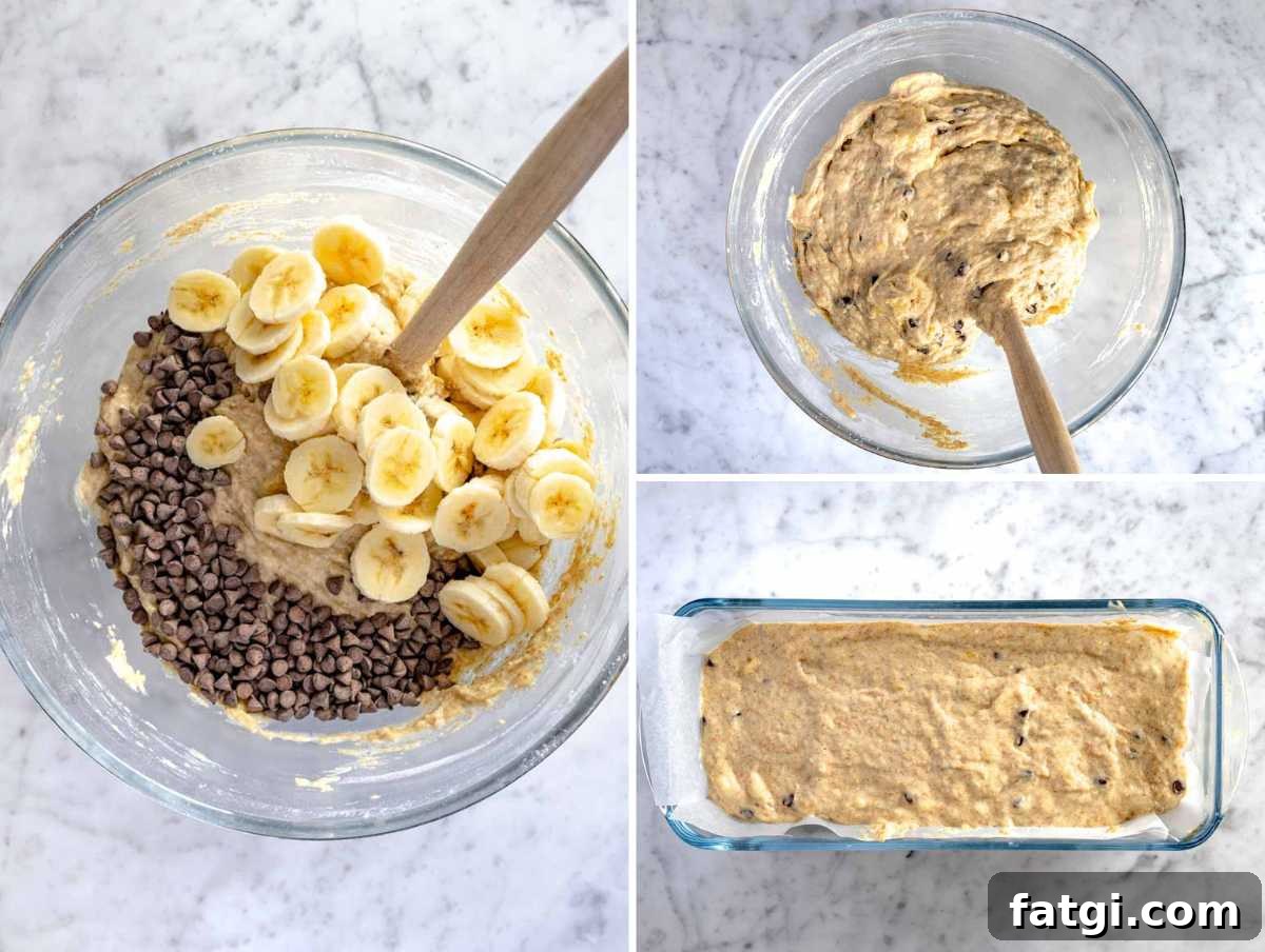 mixing banana and dark chocolate chips in the batter