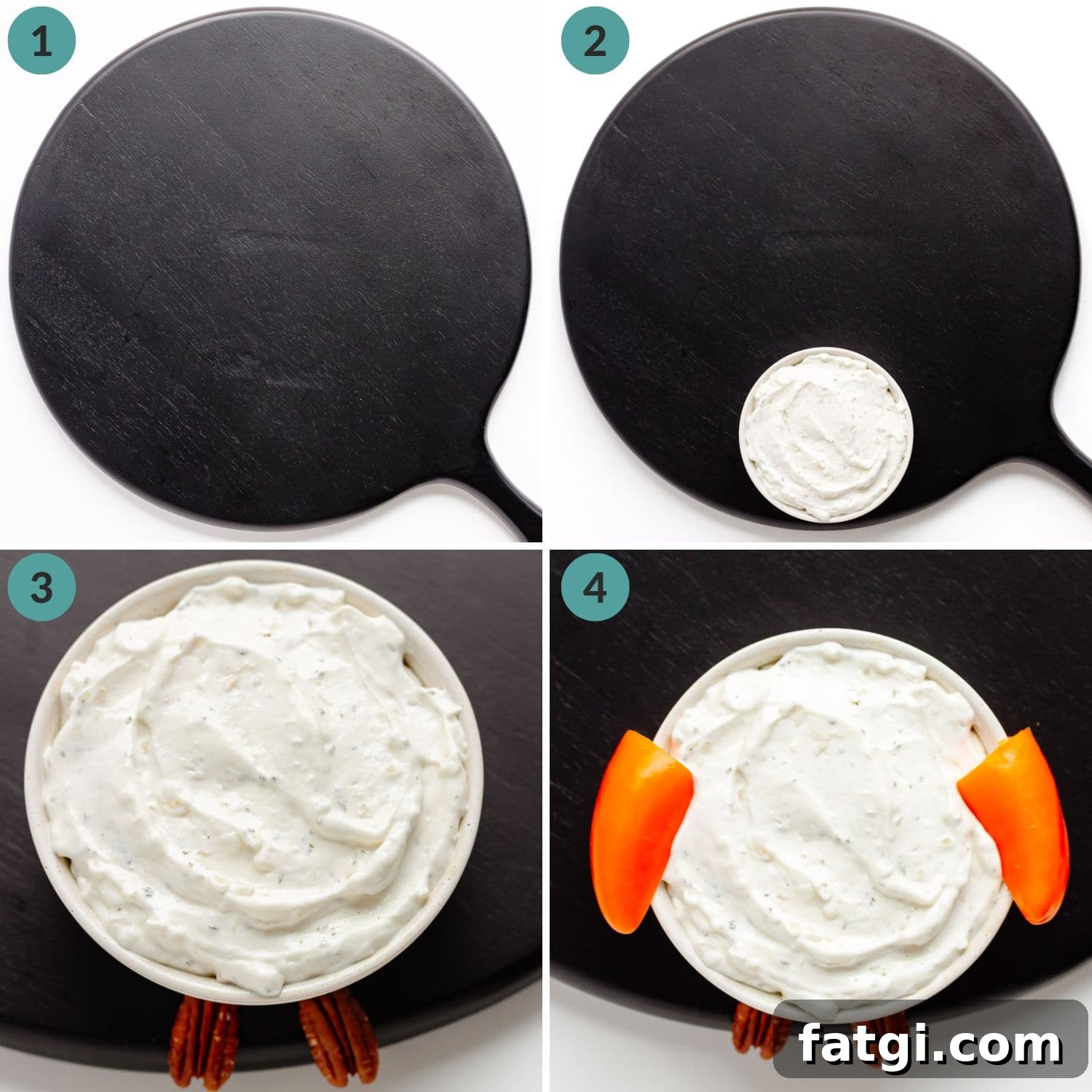 Numbered photo collage showing how to make the turkey body for a turkey shaped veggie tray.