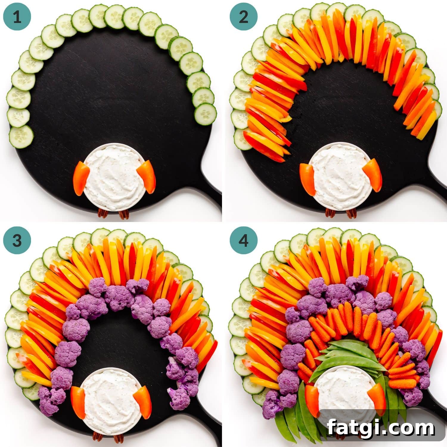 A numbered photo collage showing how to arrange cut veggies into tail feathers for a turkey veggie tray.