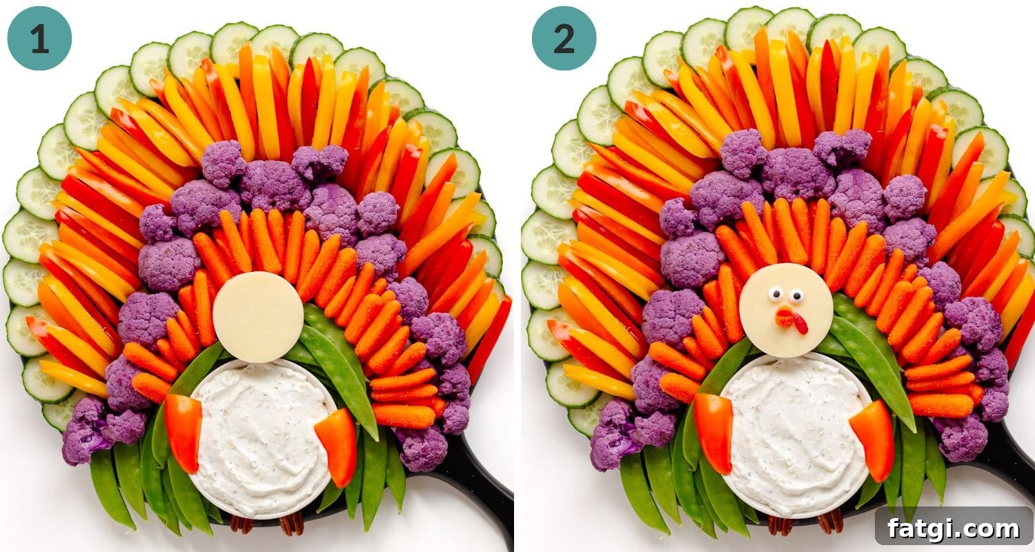 A numbered photo collage showing how to make the turkey's face on a turkey veggie tray.