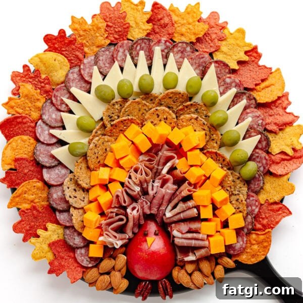 A Thanksgiving charcuterie board in a turkey shape.