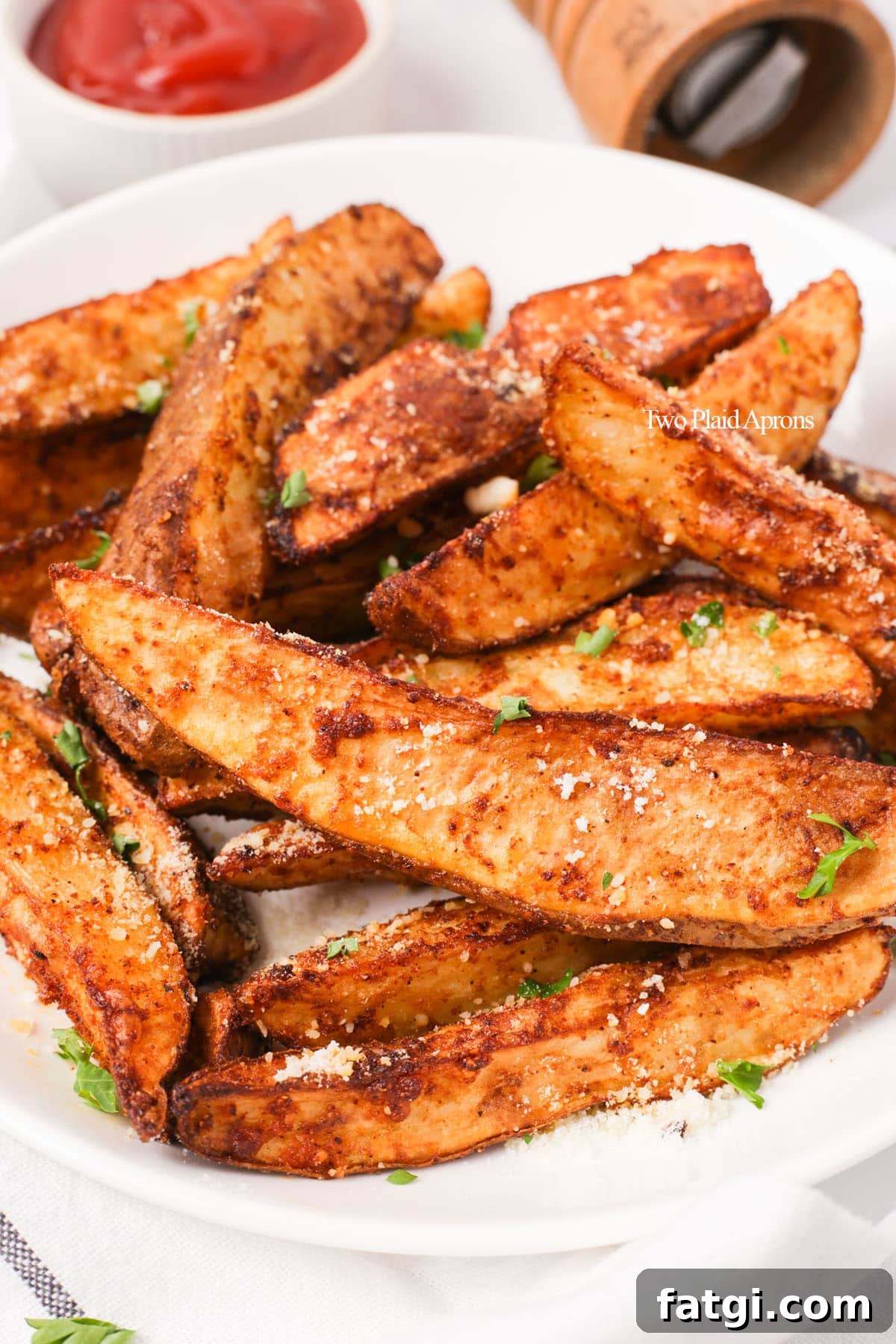 Crispy Air Fryer Potato Wedges 2 Close up air fryer potato wedges.