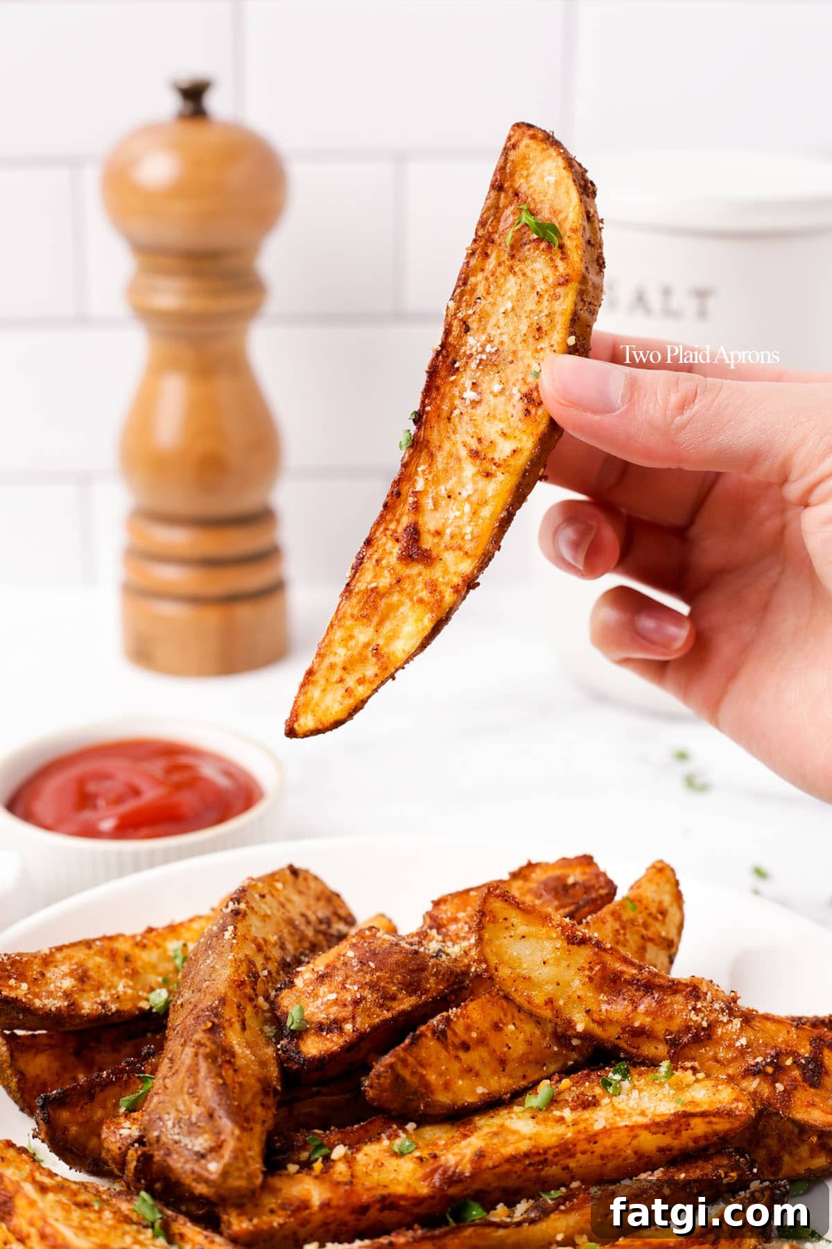 Crispy Air Fryer Potato Wedges 3 Holding air fried potato wedge.