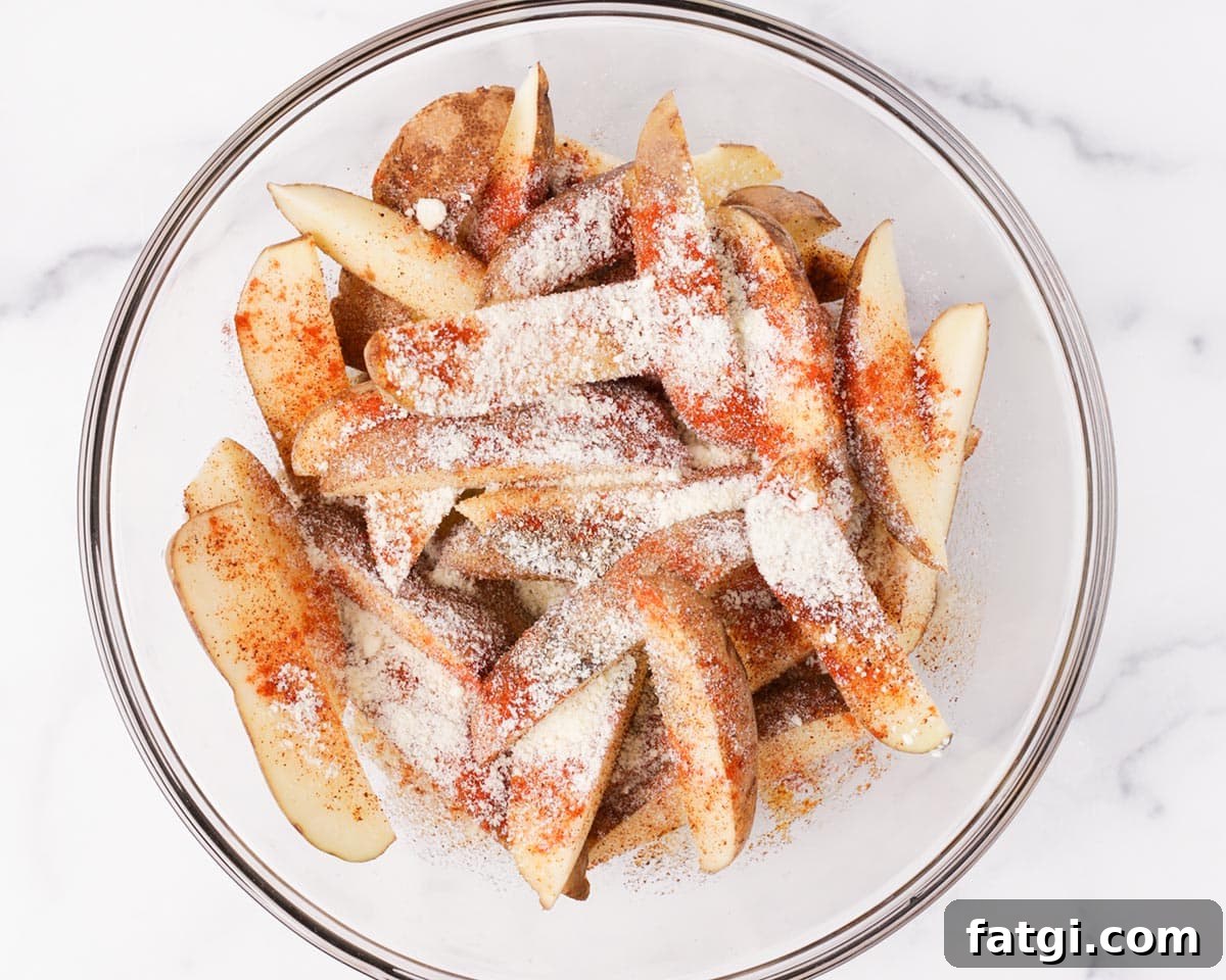 Crispy Air Fryer Potato Wedges 6 Seasoning the potato wedges.