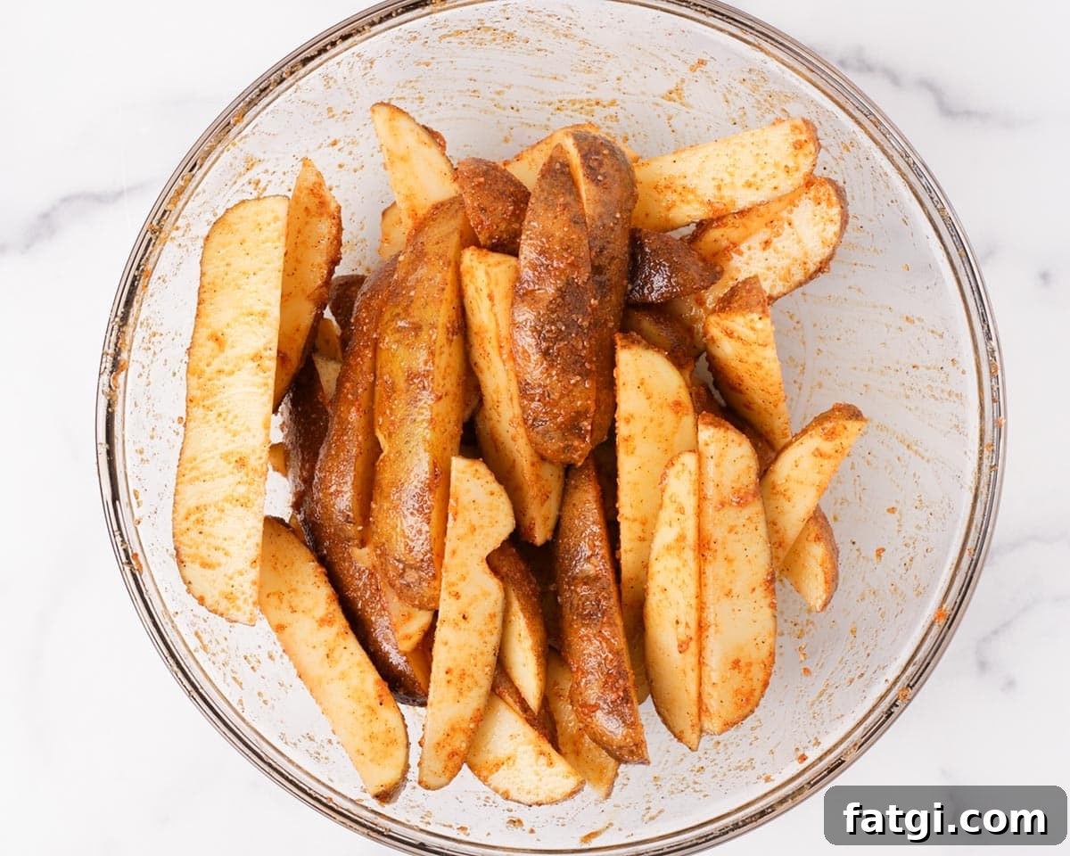 Crispy Air Fryer Potato Wedges 7 Potato wedges seasoned.