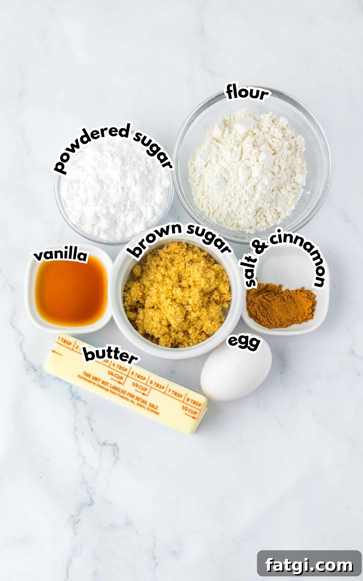 Bowls of ingredients labelled with text.