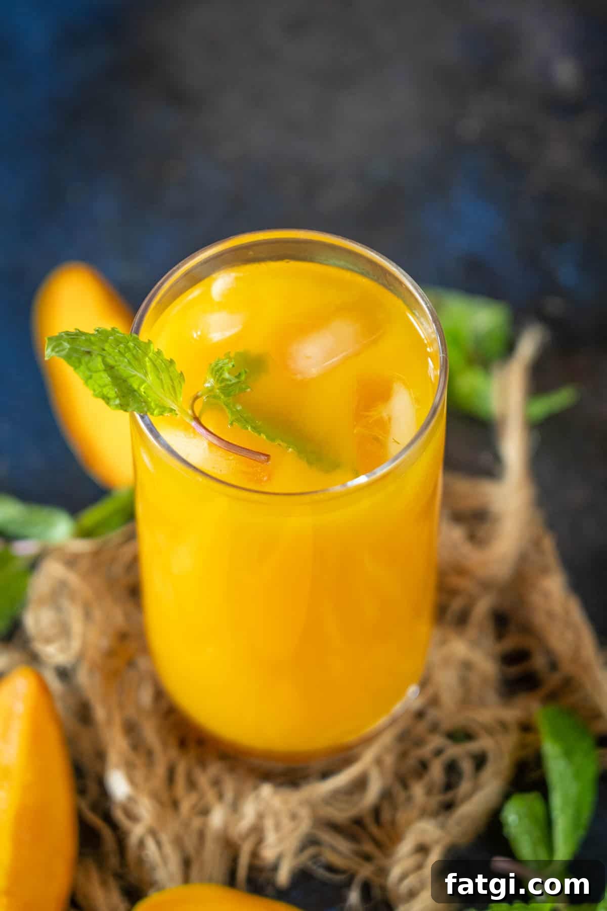 Homemade mango juice served in a glass.