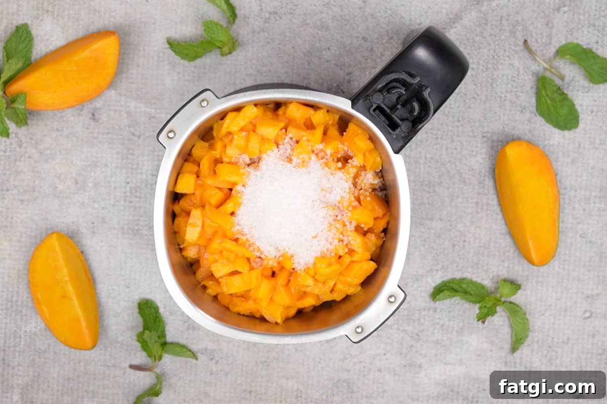 Mango pieces and sugar added to a blender.