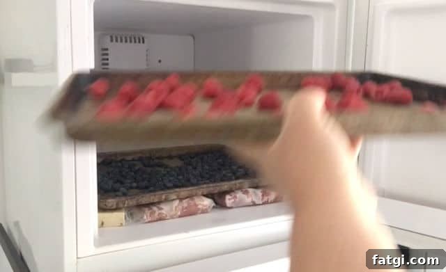 How to Freeze Raspberries for Fresh Flavor All Year 4 hand placing tray of raspberries into the freezer