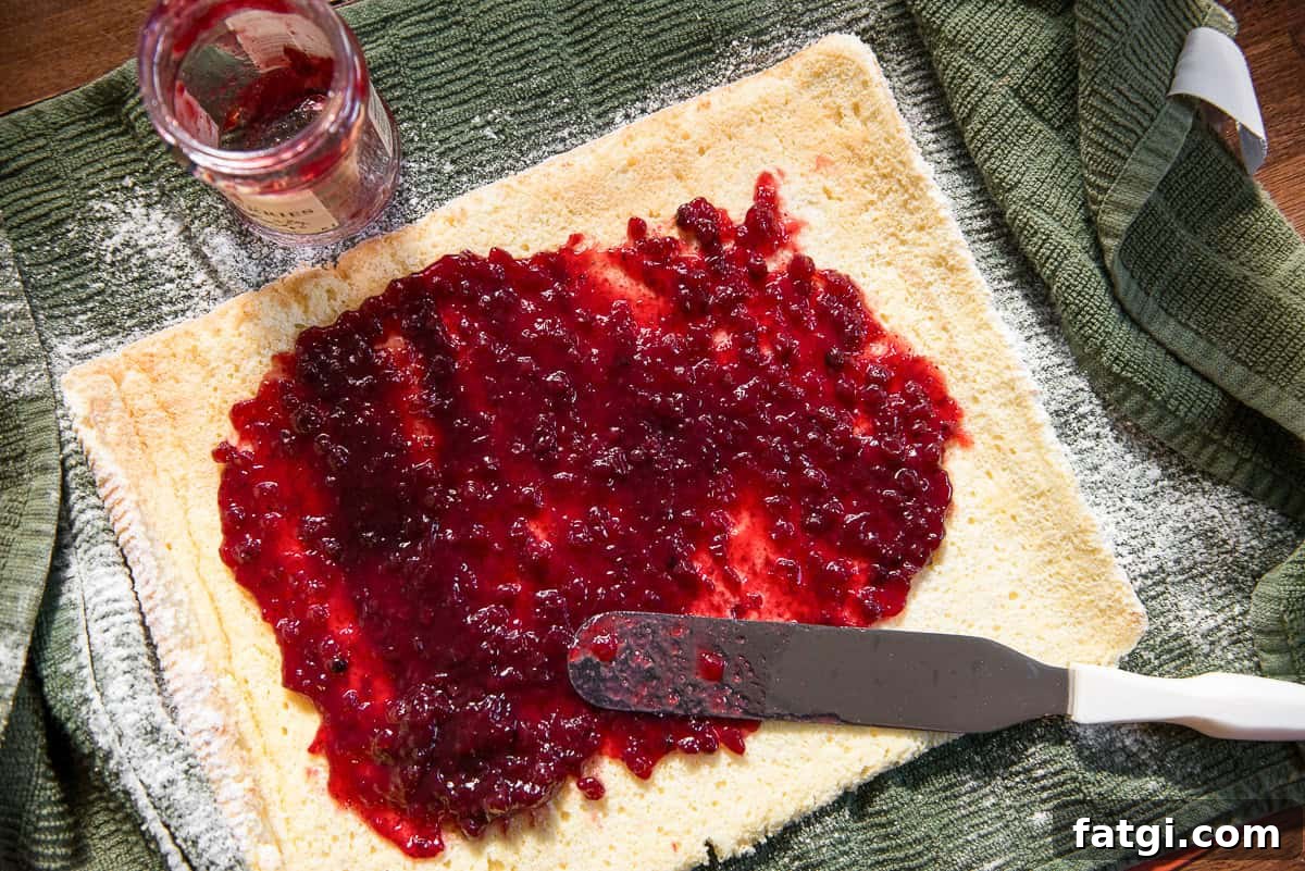 spreading jam on a cake to make a cake roll.