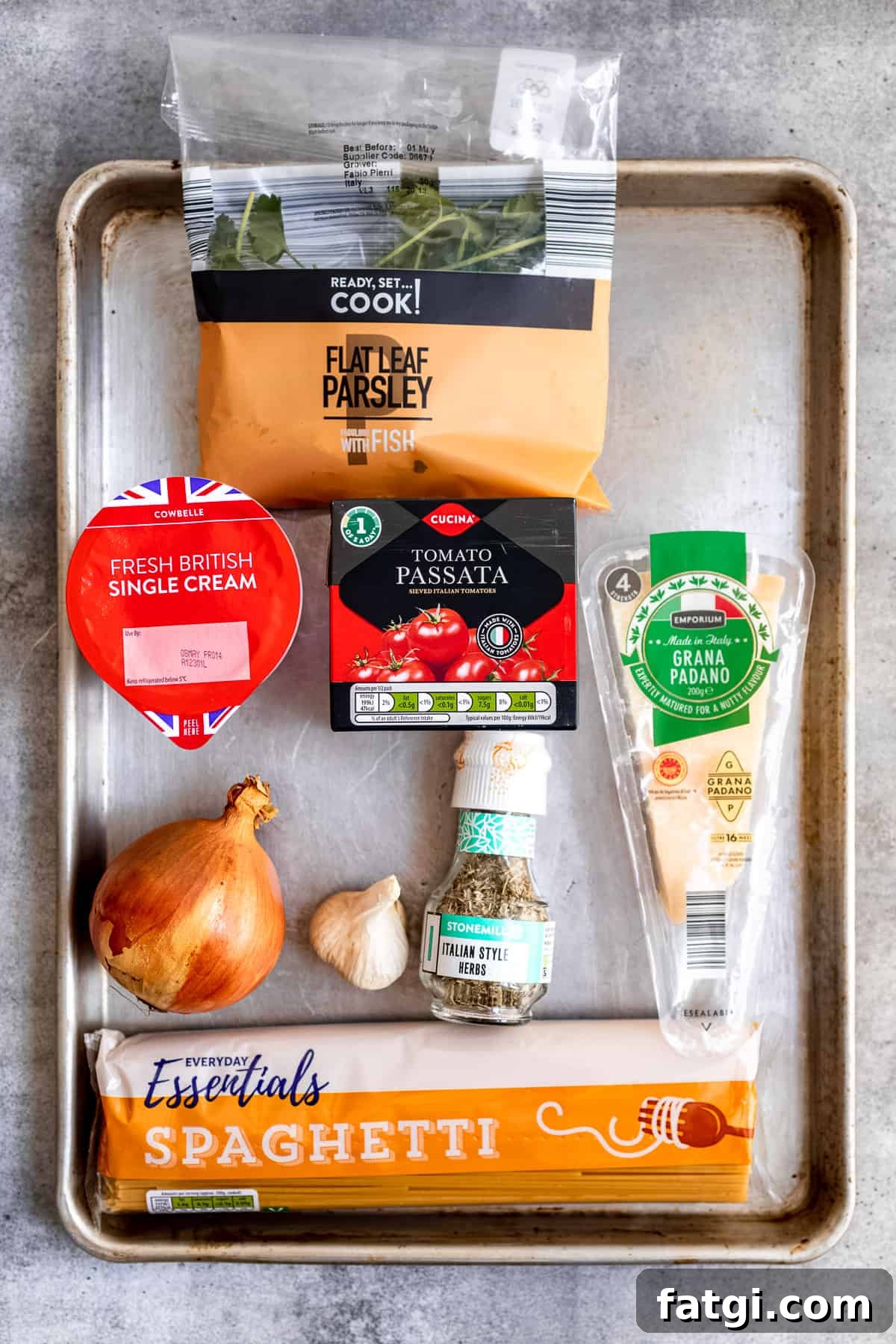 Ingredients for creamy tomato pasta sauce.