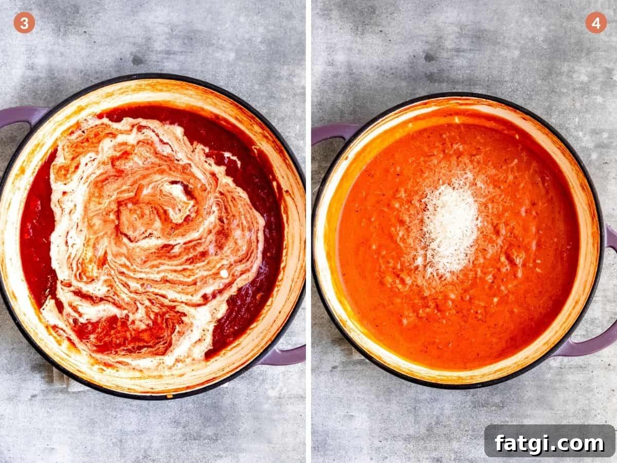Cream being added to tomato sauce.