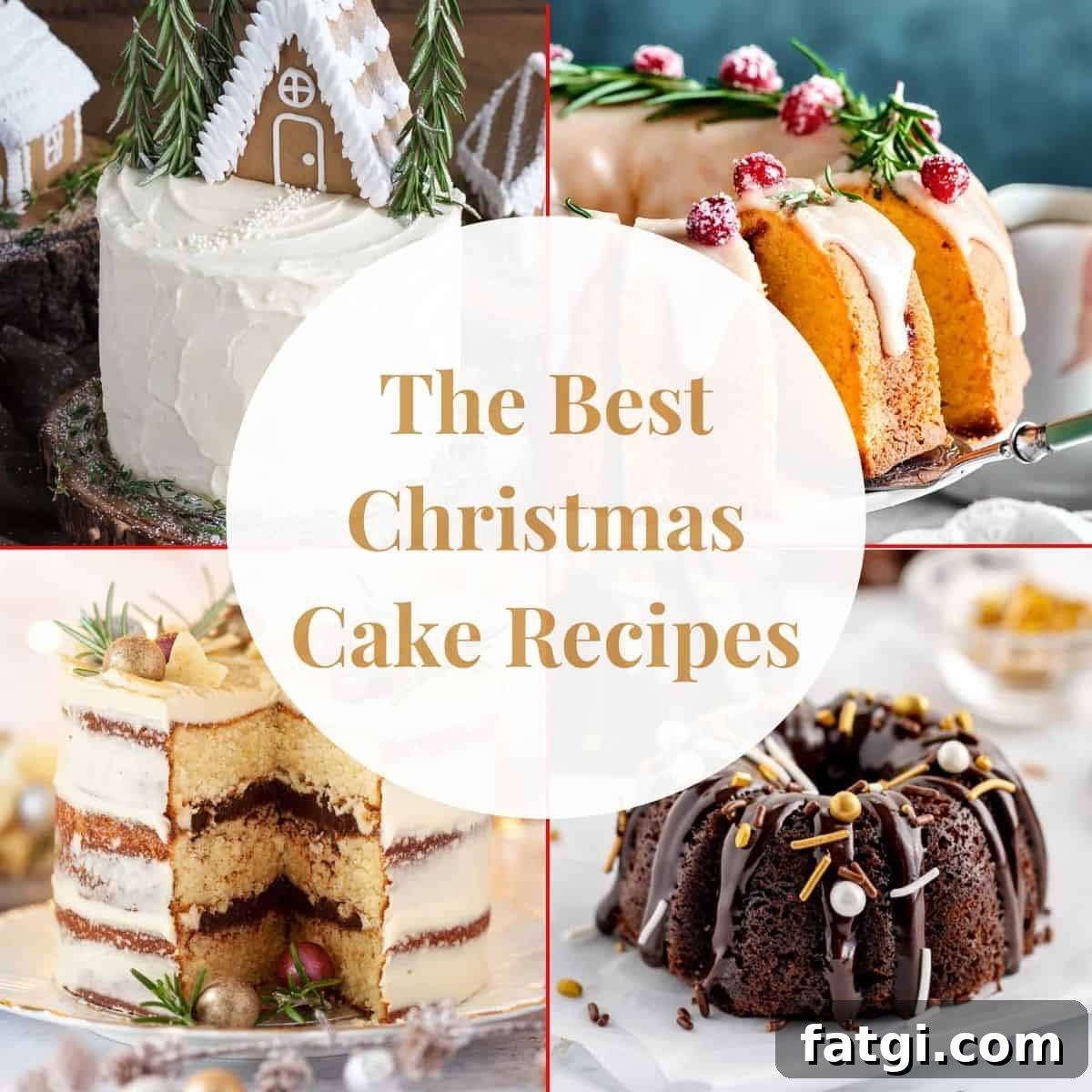 Image of four Chrismas cakes in a grid. A circle with text in the center.