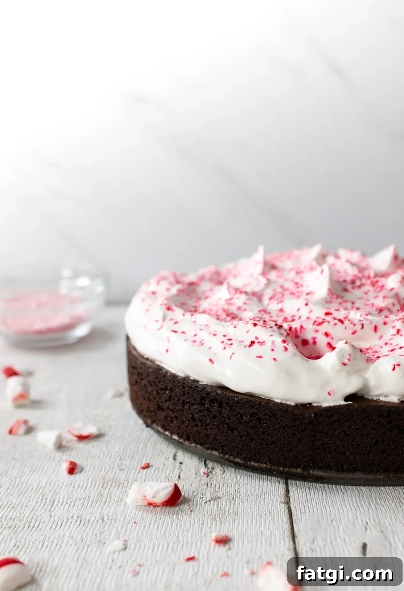 A photo of a brownie cake topped with frosting and peppermint.