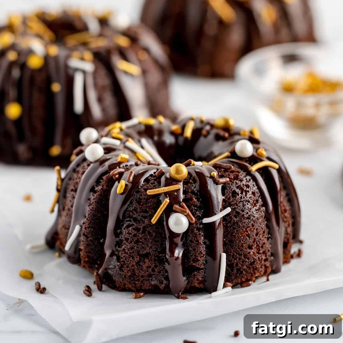 An up close shot of a chocolate bundt cake with ganache and sprinkles.