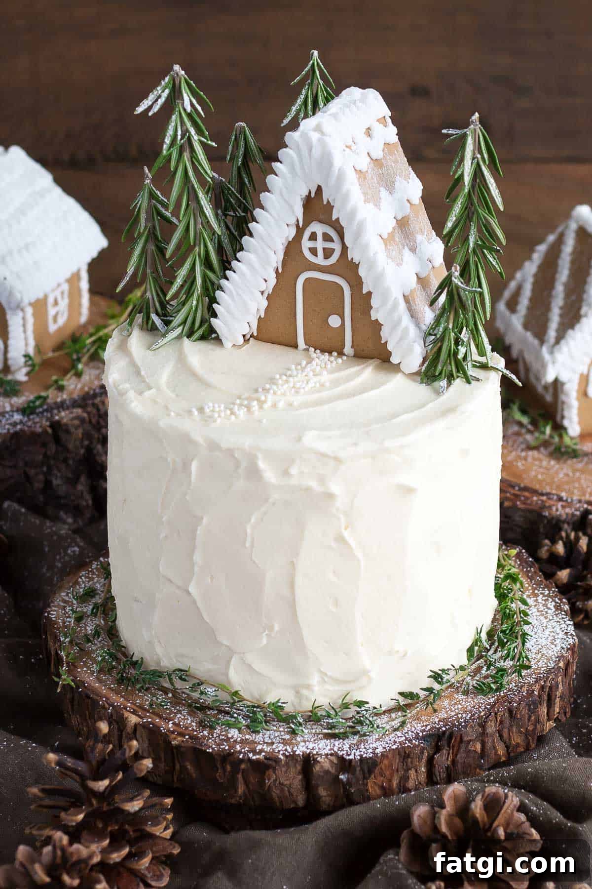 A white cake on a wooden cake stand decorated with a mini gingerbread house and rosemary sprigs.