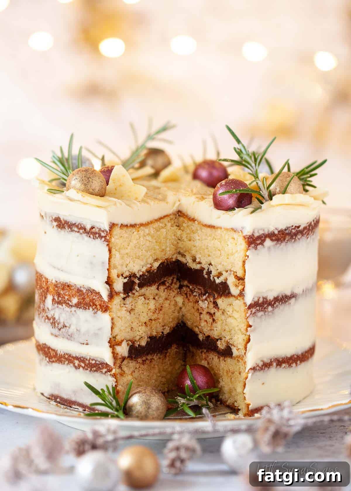 A three layer cake with white icing missing a slice.