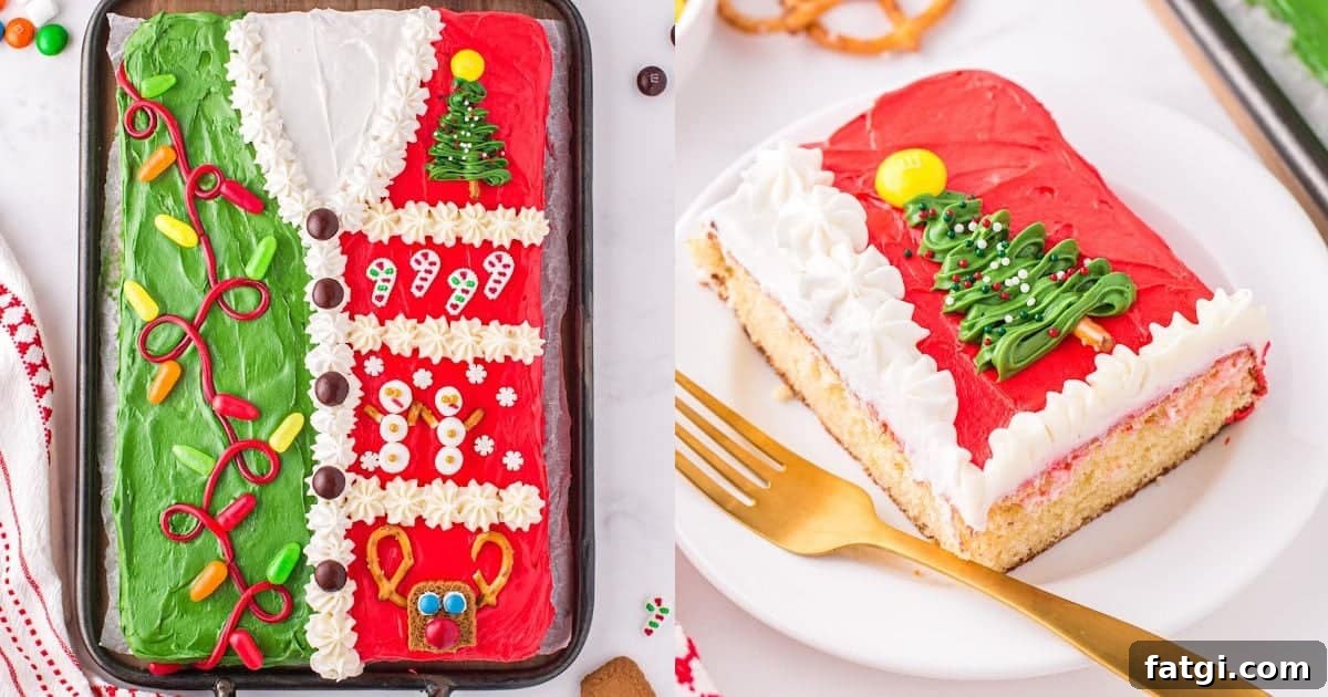 Image of a cake decorated with like a red and green ugly sweater.