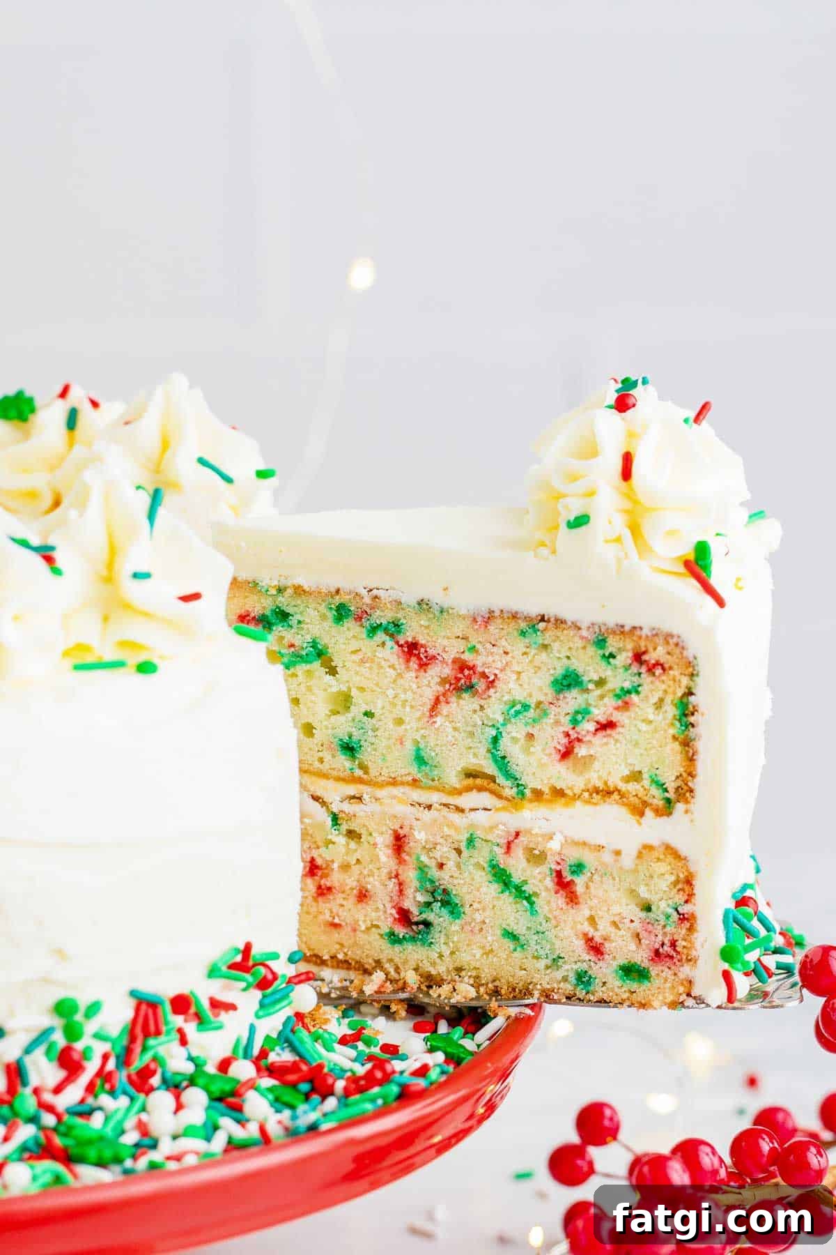 A slice of vanilla cake with red and green sprinkles being removed, on a red cake stand.