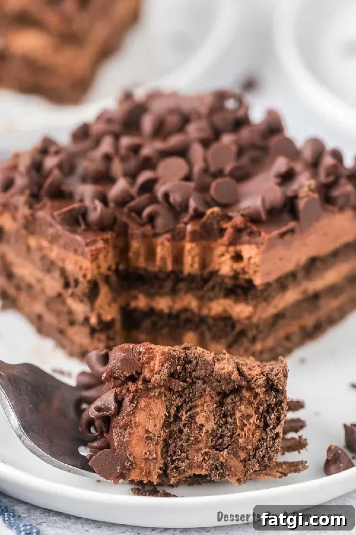 Chocolate icebox cake served on a plate. 