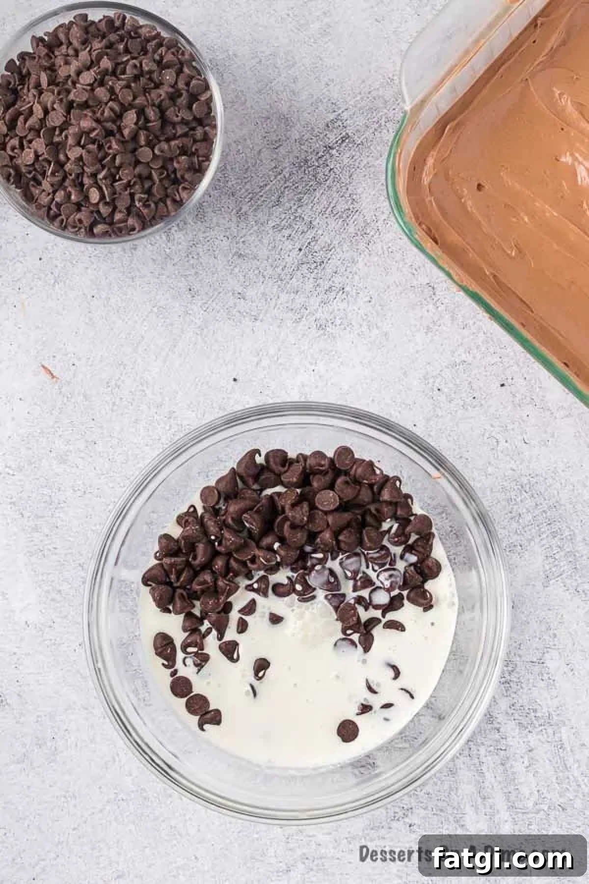 Mixing bowl with chocolate chips and heavy cream. 