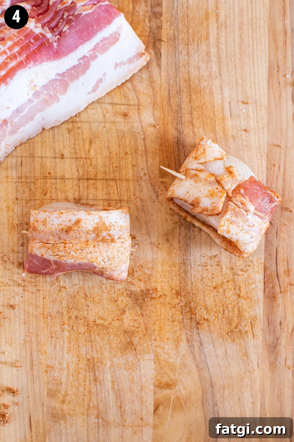 Sweet and Smoky Bacon Wrapped Scallops Recipe 7 Raw scallops wrapped in uncooked bacon on a wooden cutting board.