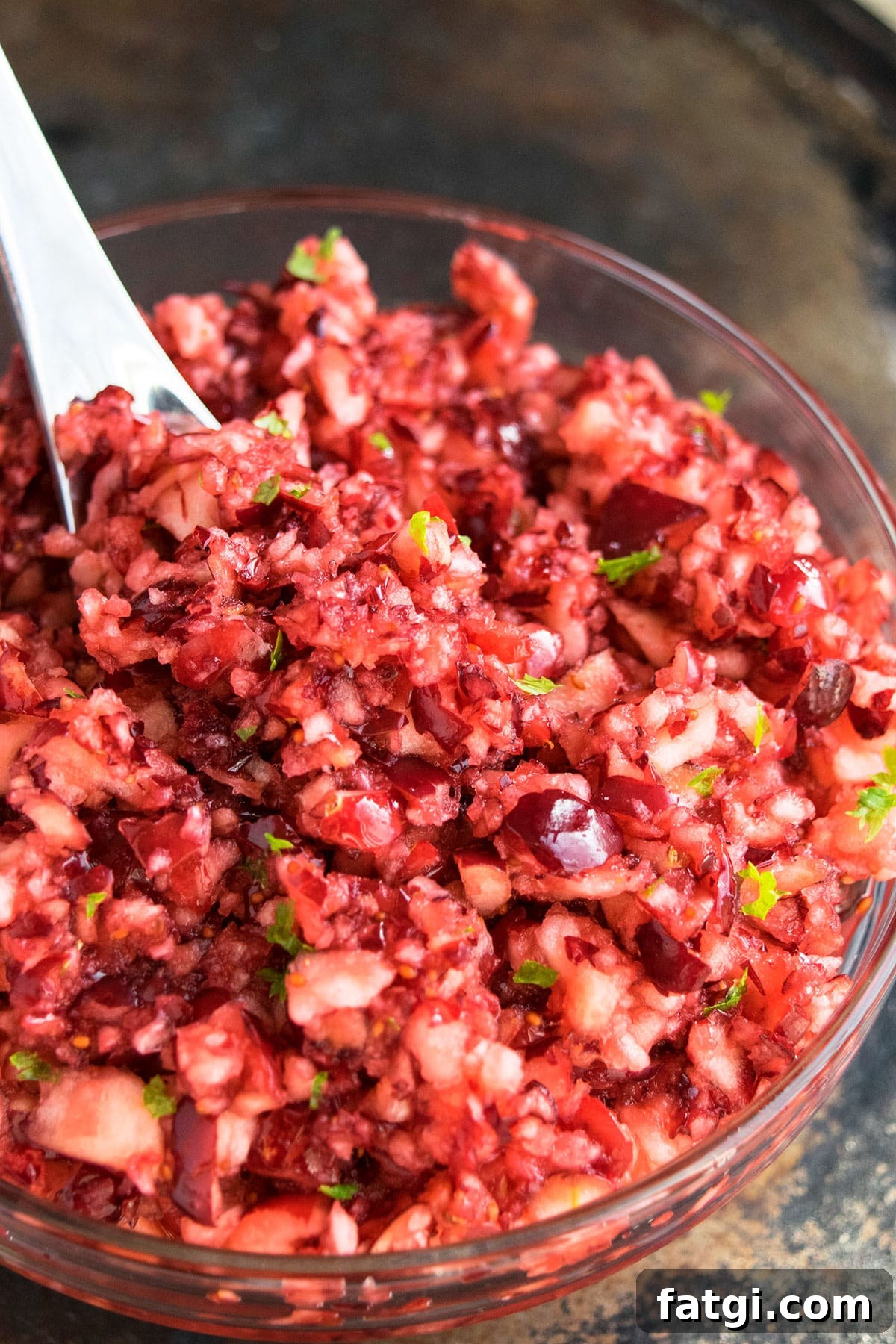 Bowl of cranberry relish with stainless steel spoon.