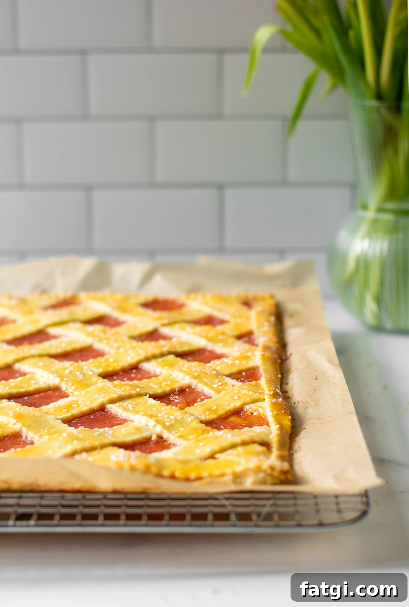 A rhubarb pastry with a lattice top.