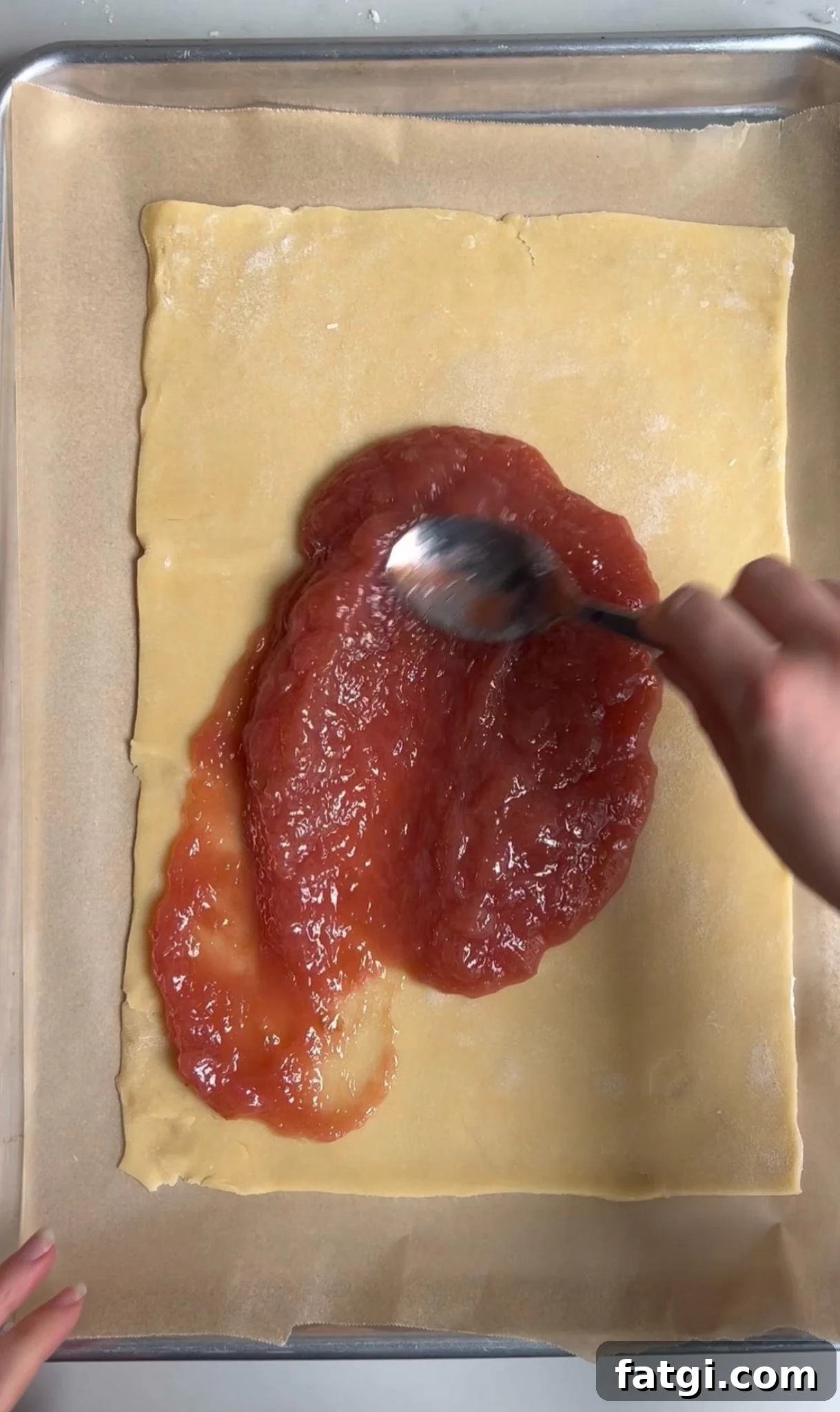 Adding rhubarb filling to a pastry dough base.