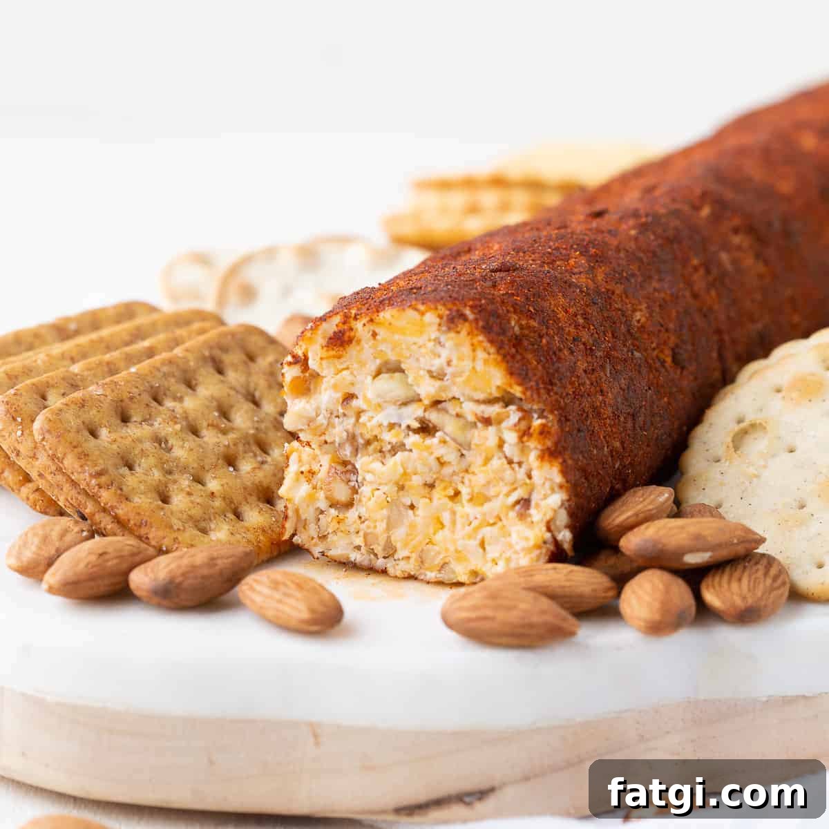 Homemade Cheese Log Recipe 2 cheese roll on a marble board with crackers and almonds.