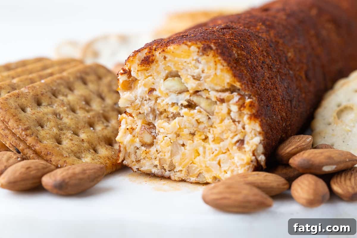 Homemade Cheese Log Recipe 10 cross section of a cheese roll with crackers and almonds.