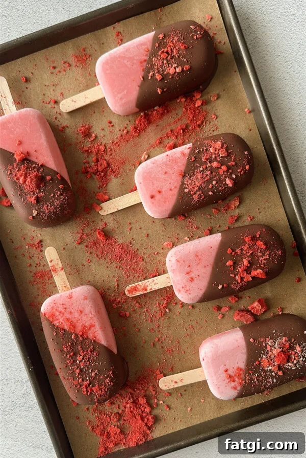Frozen strawberry yogurt bars half dipped in chocolate.