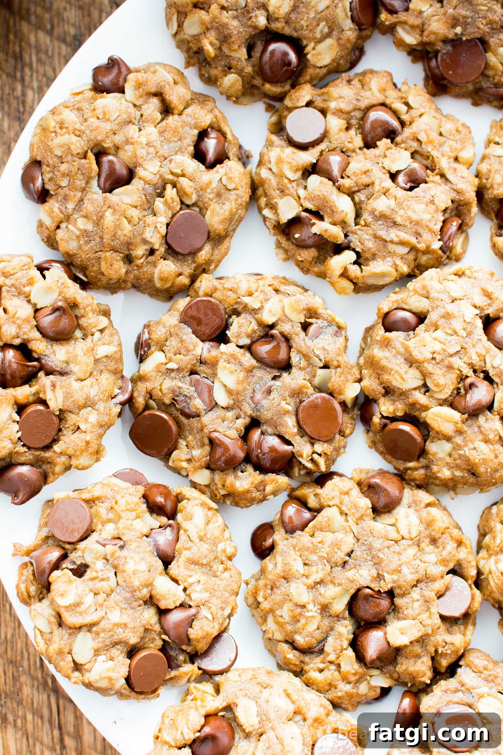 Healthy peanut butter oatmeal cookies with vegan chocolate chips.