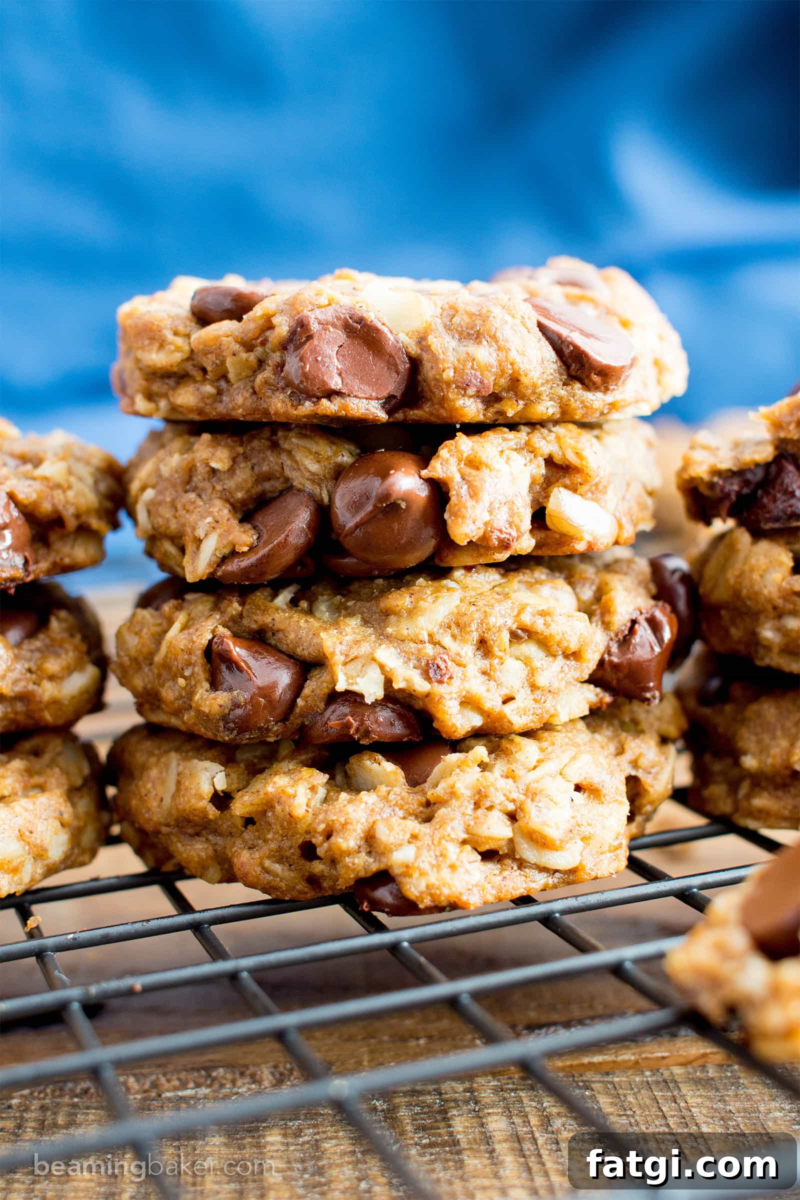Vegan gluten free peanut butter chocolate chip oatmeal cookies on a cooling rack.
