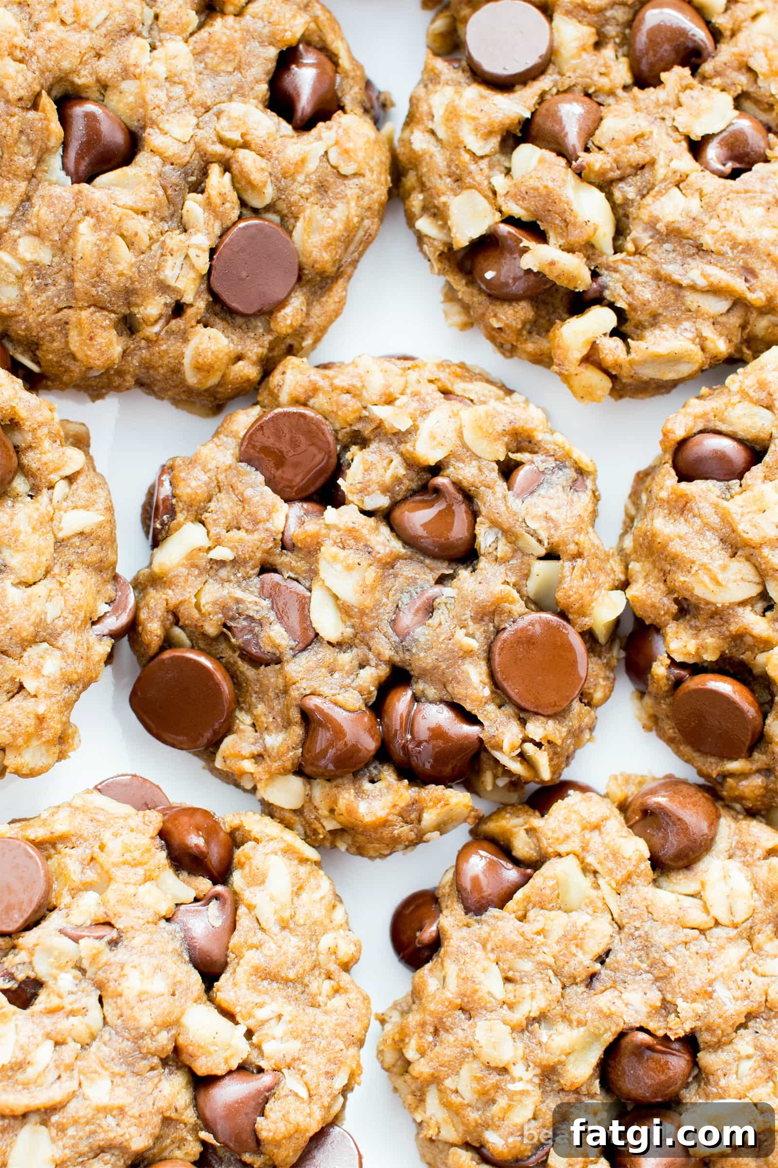 Stack of easy gluten free peanut butter chocolate chip oatmeal cookies.