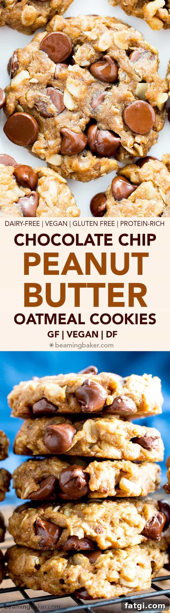Easy gluten free peanut butter chocolate chip oatmeal cookies recipe pin image.