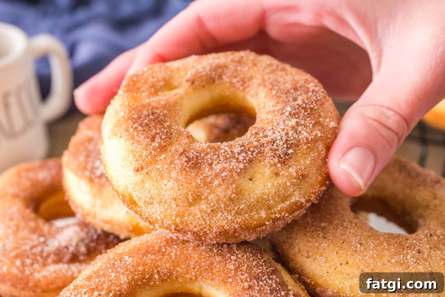 close-up view of one sourdough donut held in hand.