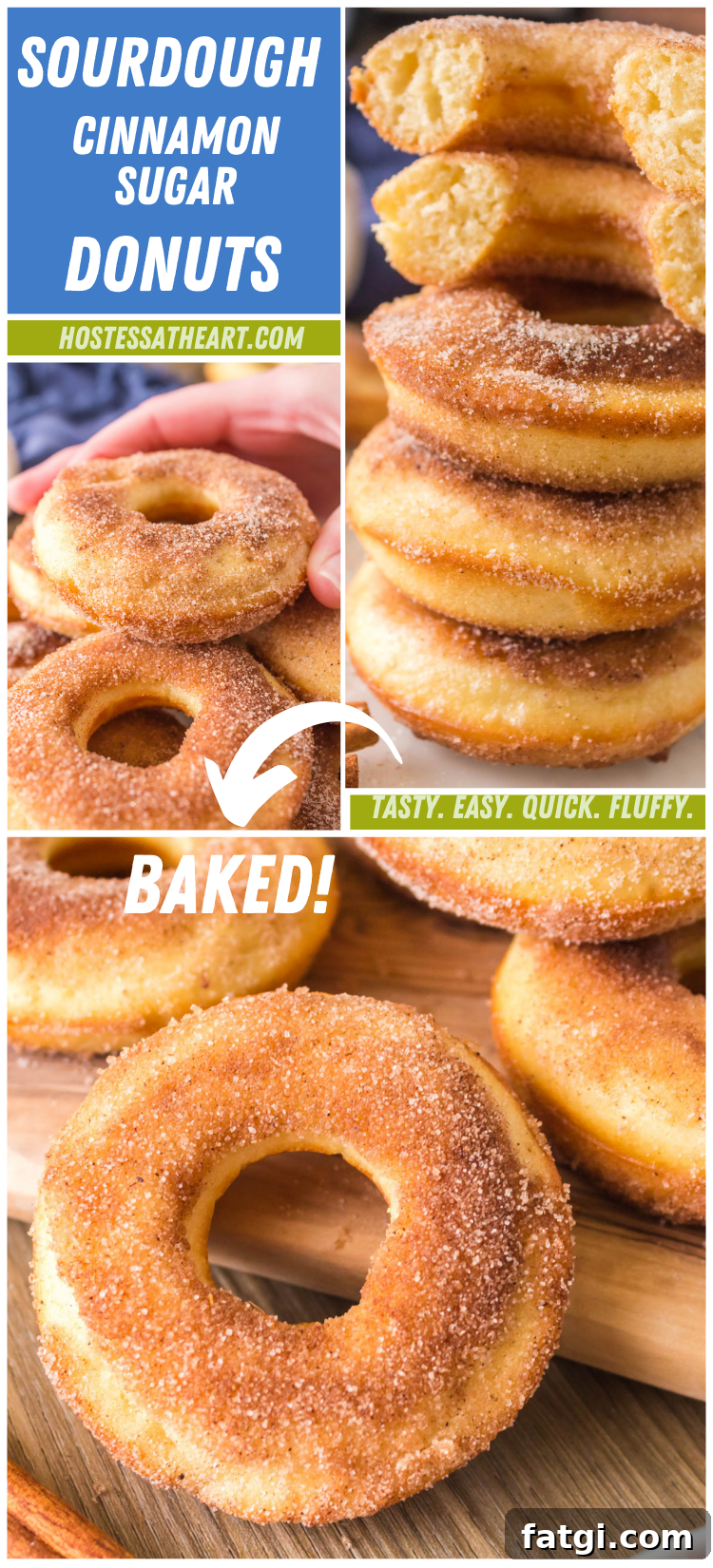 A collage of baked cinnamon and sugar sourdough donuts