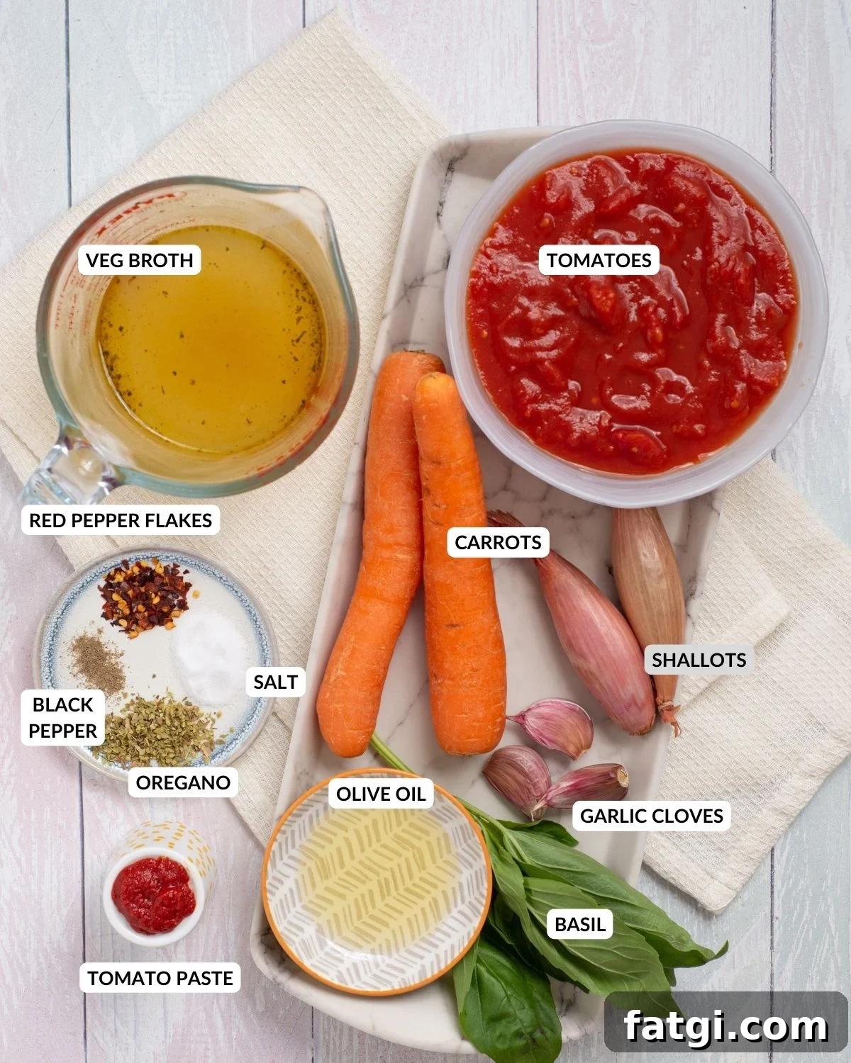 Instant Pot Tomato Soup with Fresh or Canned Tomatoes 3 Labeled ingredient list for instant pot tomato soup.