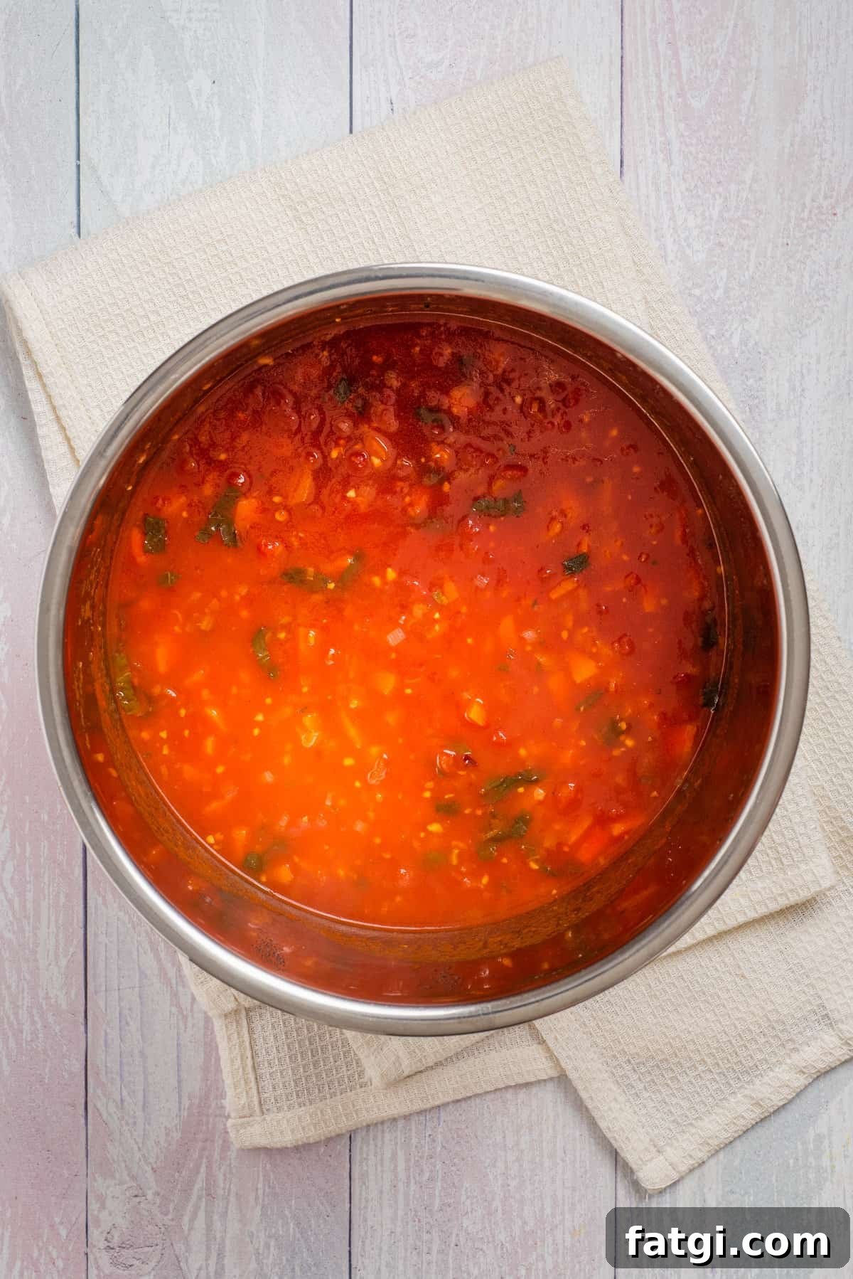 Instant Pot Tomato Soup with Fresh or Canned Tomatoes 8 Overhead view of cooked Instant Pot tomato soup.
