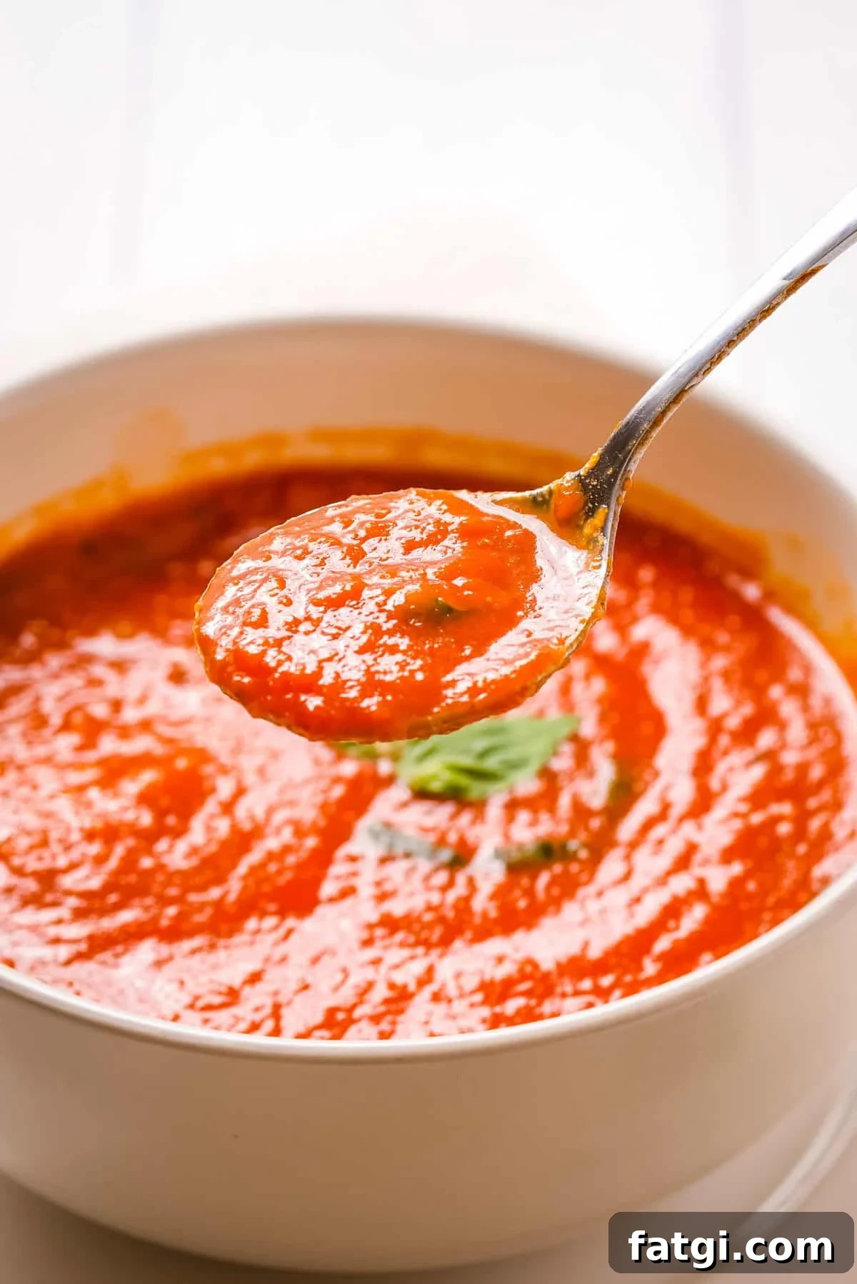 Instant Pot Tomato Soup with Fresh or Canned Tomatoes 10 Close up shot of tomato soup in a white bowl with a spoon lifting some soup out.