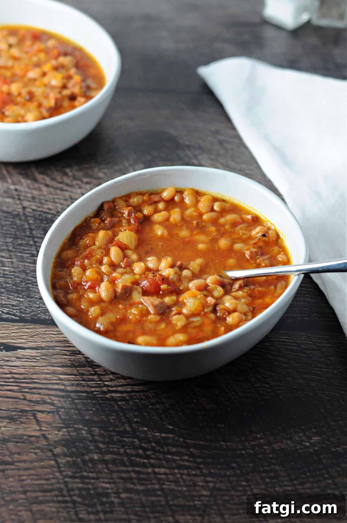 Instant Pot Navy Bean and Smoked Ham Soup 9 bowl of navy bean with ham soup made in the instant pot.