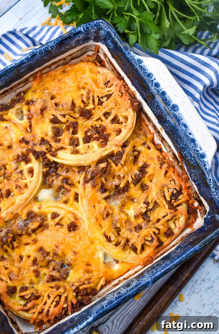 frozen waffle bread pudding in a small stoneware baking dish