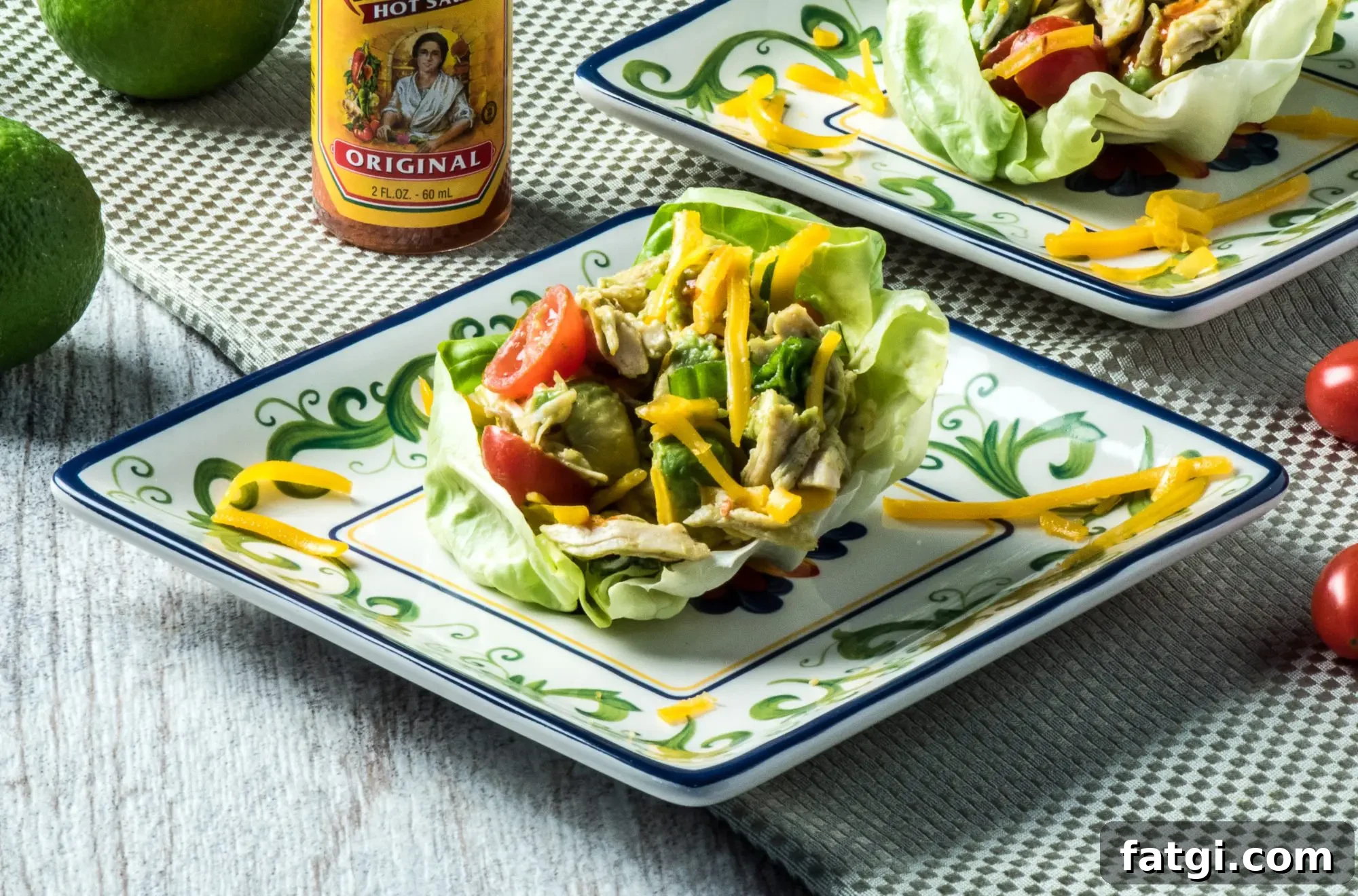 Shredded Chicken Lettuce Wraps Recipe with Asian Peanut Sauce 5 Plated lettuce wraps