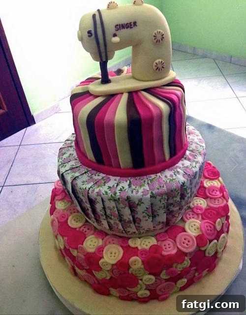 Sewing machine cake - complete with fondant buttons, fabric, and sewing machine on top. Amazing! 